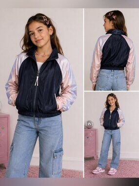 Athleta Girl Shine On Track Jacket Pink Navy Y2K Sporty Balletcore L/12